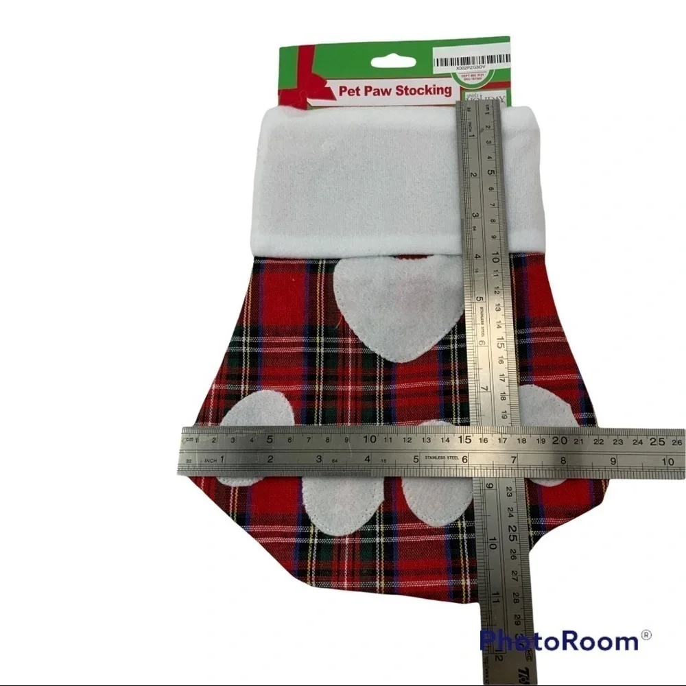 Pet Christmas Holiday Stocking Pet Paw Tartan Plaid Red White Multicolor